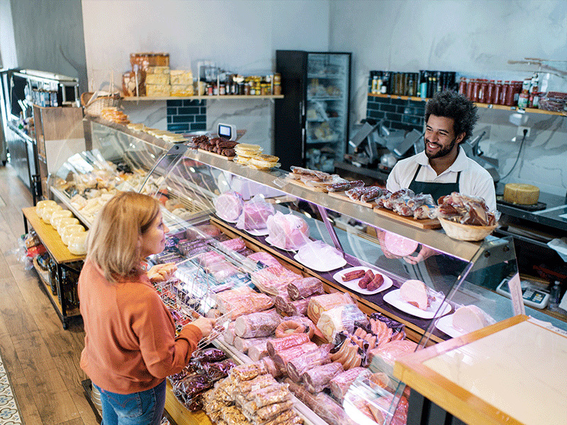 vitrine boucherie vendeur et client