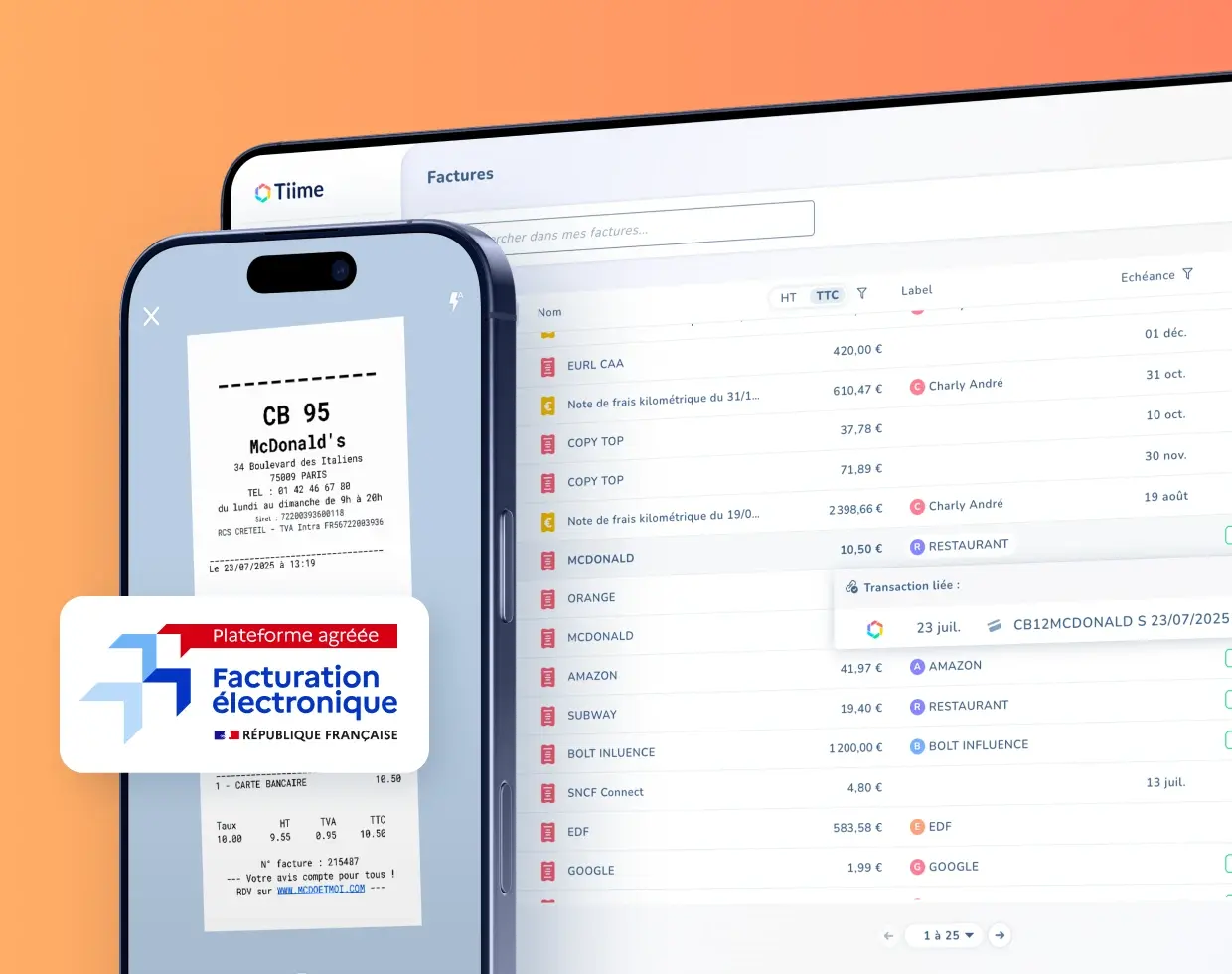 Interface numérique avec smartphone affichant un reçu et écran d’ordinateur montrant une liste de factures; badge “Facturation électronique” sur le téléphone.